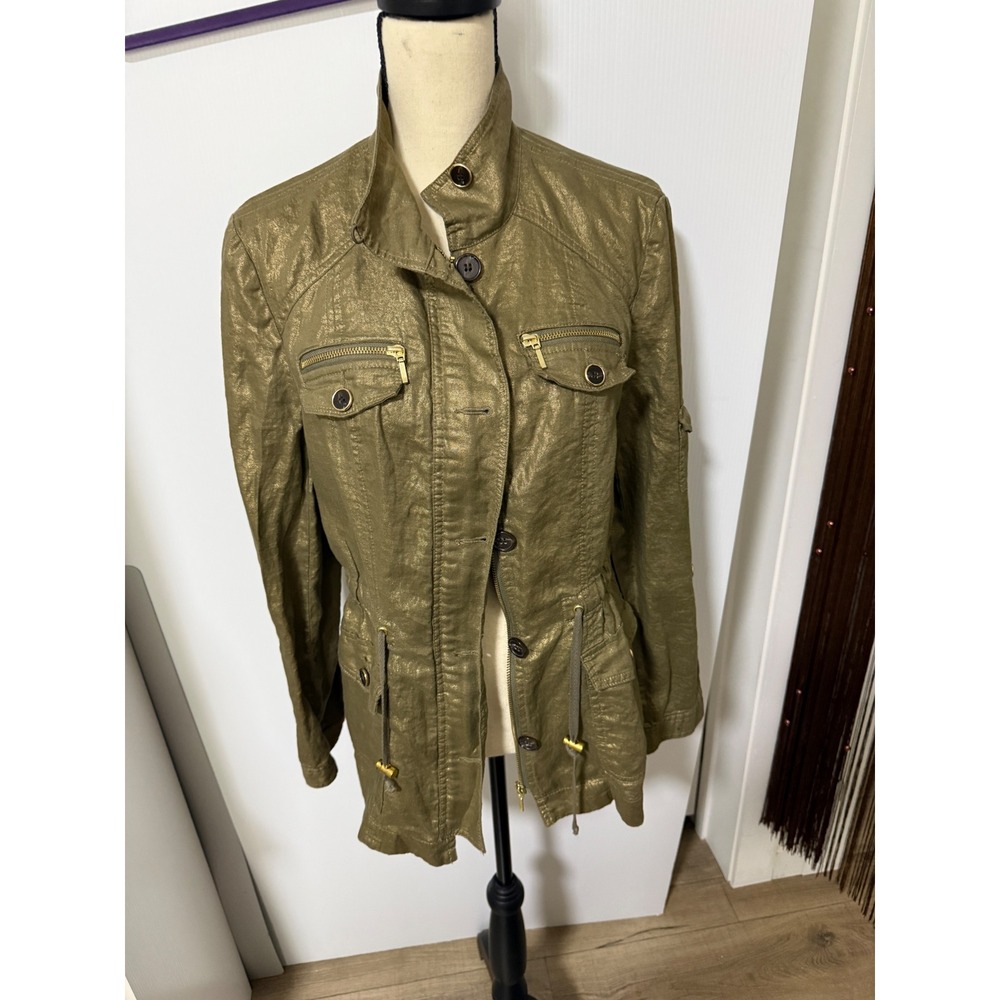 INC International Concepts Metallic Gold Linen Utility Jacket Olive Green Medium - Picture 2 of 5